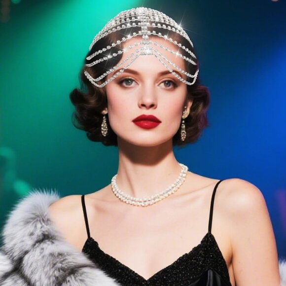 1920s Crystal Cap Headpiece Flapper Cap Headband Roaring 20s Headpiece Rhineston - Picture 3 of 7